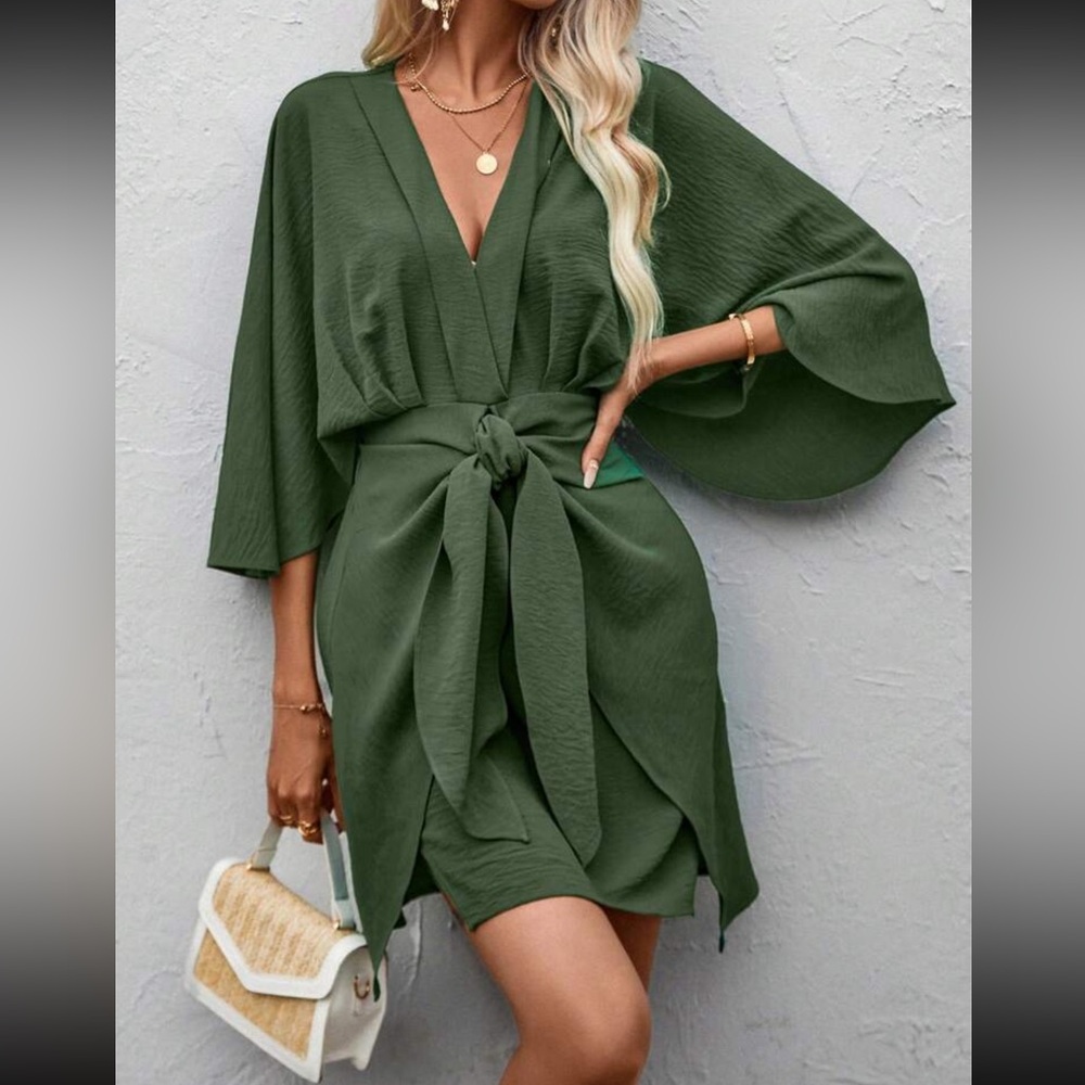Army green batwing sleeve knot front dress